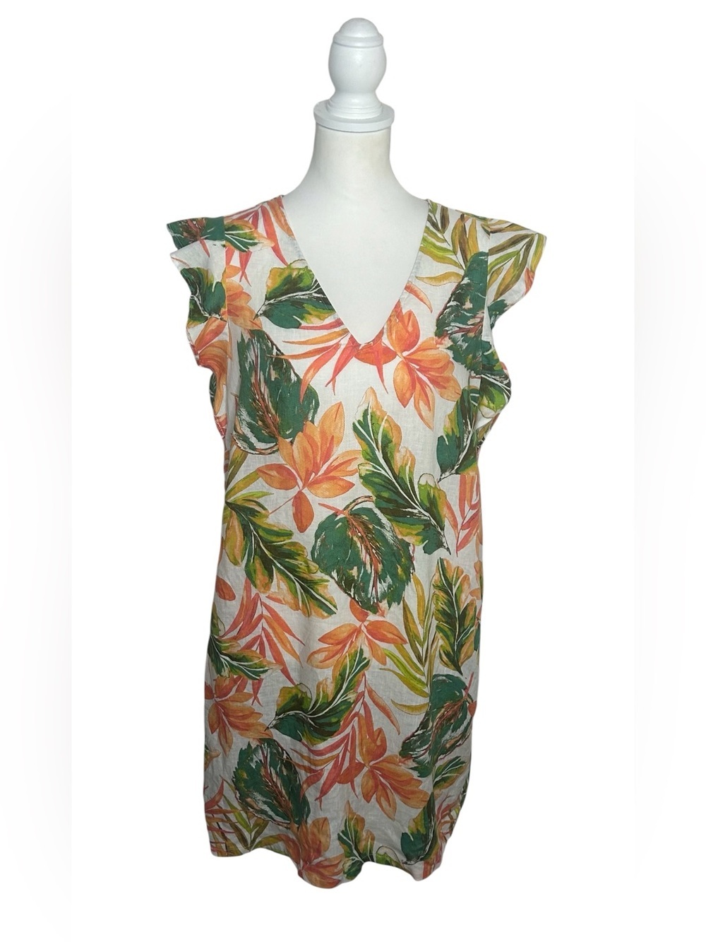 Nicole Miller EUC Tropical Floral Midi Dress Green Orange Sz L Resortwear Cruise